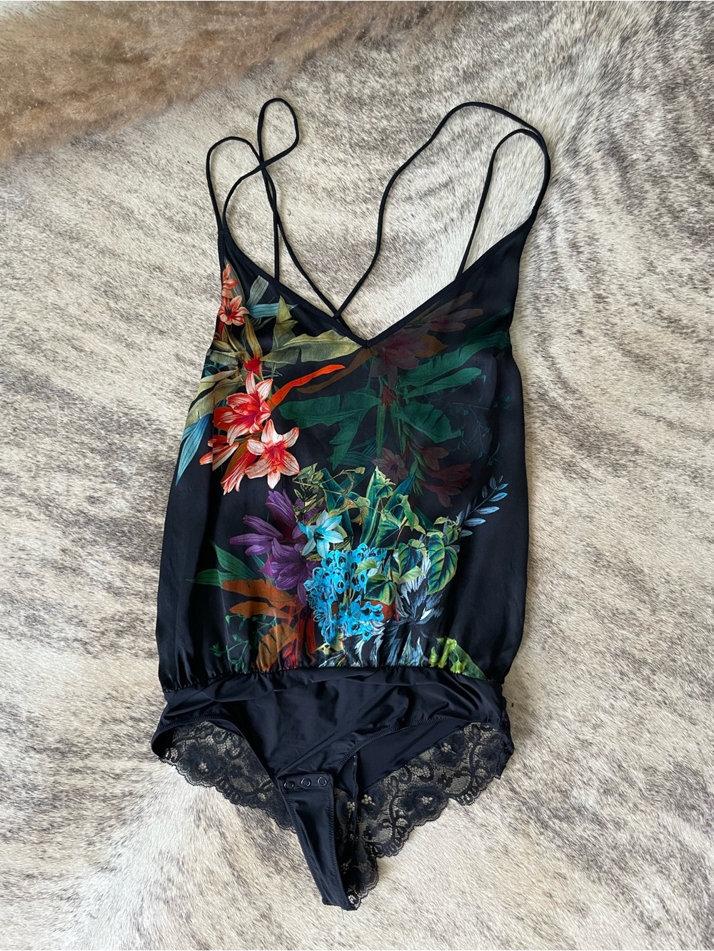 Intimissimi Exotic Riviera silk woman bodysuit black floral lace trim NEW SZS-M
